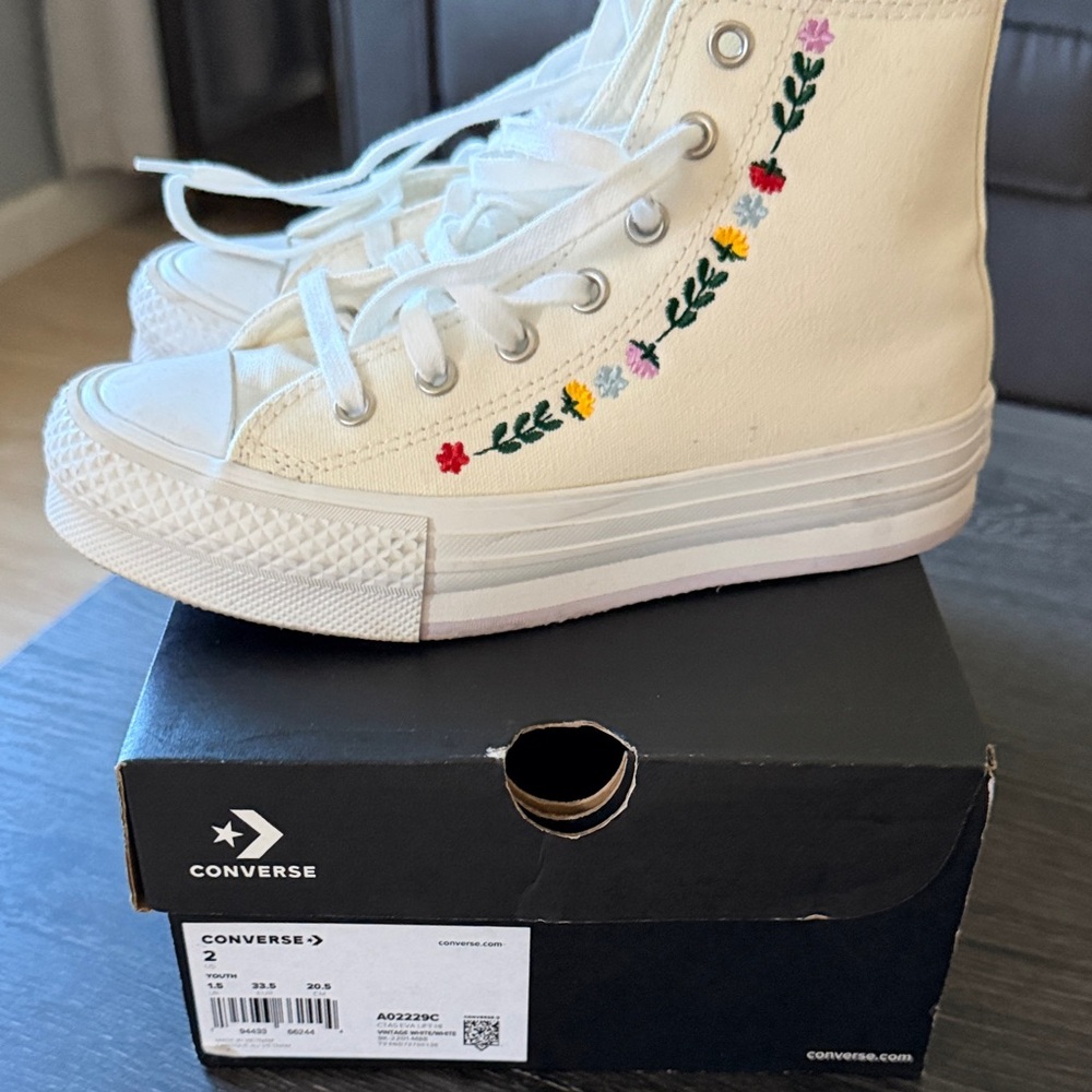 Converse White High-Top Sneakers with Multicolor Embroidered Flowers